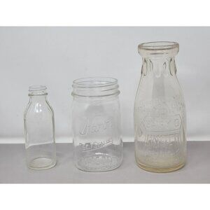 3 Vintage Glass Bottles Mason Jar Dairy United 1Pint Kerr Self-Sealing Mason Jar